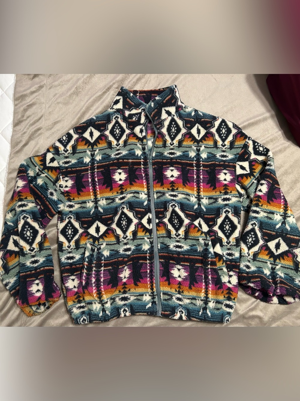 Colorful Aztec Print Zip-Up Fleece Jacket - Multicolor